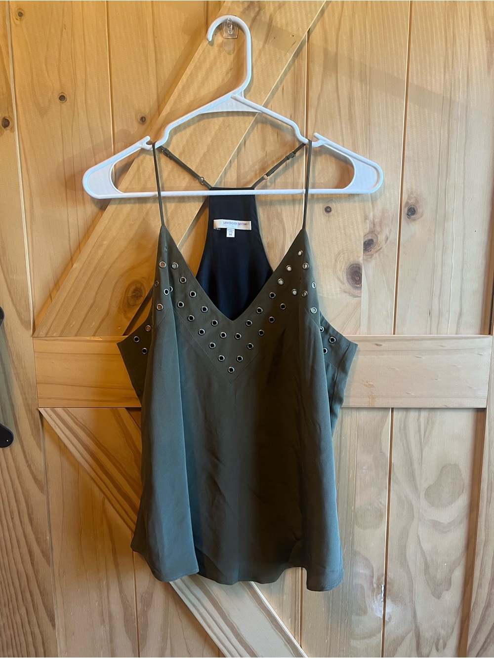 Lavender Brown Olive Grommet Stud Eyelet Detail Spaghetti Strap Cami 100% Silk